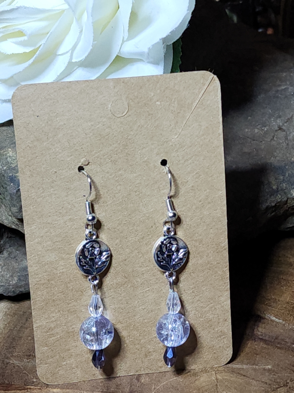 Floral Charm Dangle Earrings - Clear & Purple Glass Beads